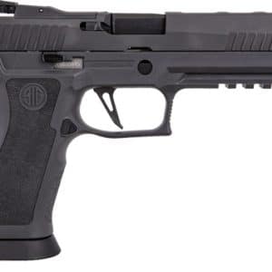 Profile view of a black semi-automatic handgun with a textured grip, trigger guard, and accessory rail