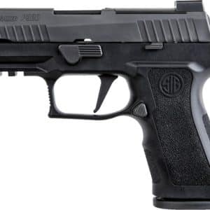 Side view of a black SIG Sauer P320 semi-automatic pistol with a textured grip and rail, shown from the left.