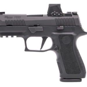 Semi-automatic handgun with a mounted optical sight and textured grip.