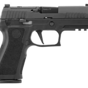 Black semi-automatic pistol with a textured grip and rails on the frame.