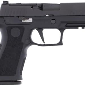 Side view of a black semi-automatic pistol with a polymer grip and textured panels, slide serrations, and an itty-muzzle area visible in profile