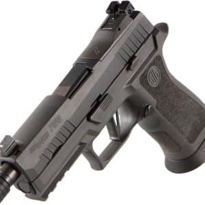 Black semi-automatic handgun with a textured grip, rail, and threaded barrel shown at an angle (informative product image).