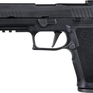 Side profile of a black semi-automatic handgun with a textured grip and trigger guard under a white background, showing its left side.