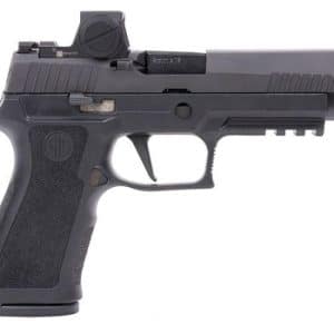 Side view of a black semi-automatic pistol with an attached red-dot sight and rail on the top edge of the slide.