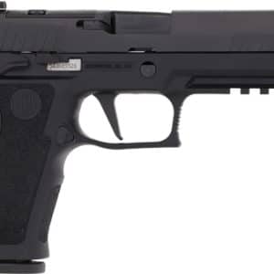 Side view of a black semi-automatic pistol with a textured grip and trigger guard (left profile).