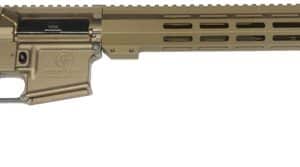 Tan and black modern assault rifle with a collapsible stock and long barrel.