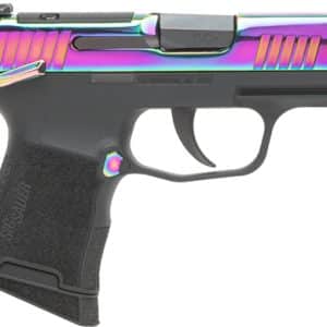 Rainbow-colored semi-automatic handgun with textured grip and open trigger guard