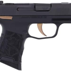 Side view of a black semi-automatic handgun with a textured grip and tan trigger on a white background, left profile