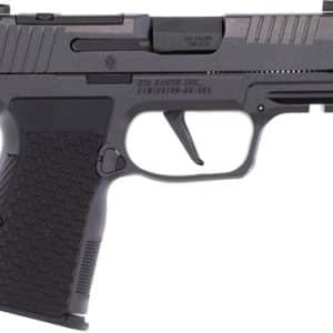 Side view of a black semi-automatic pistol with a textured grip and accessory rail beneath the barrel.