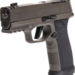 Side view of a semi-automatic pistol with gray finish and textured grip on a white background.