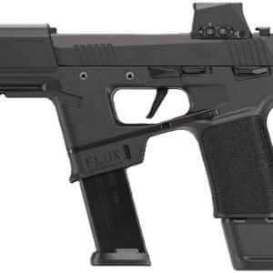 Side view of a black semi-automatic pistol with a long magazine and a top-mounted sight/optic.