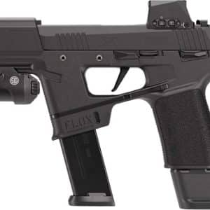 Compact black semi-automatic pistol with a mounted red-dot sight and front grip, magazine inserted, photographed against a light background.