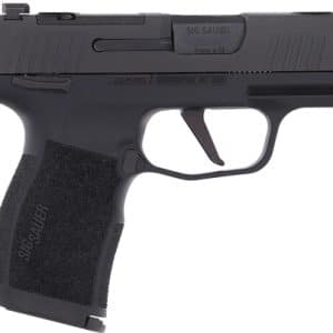 Side view of a black SIG Sauer 9mm handgun with textured grip and trigger guard, shown from the left side