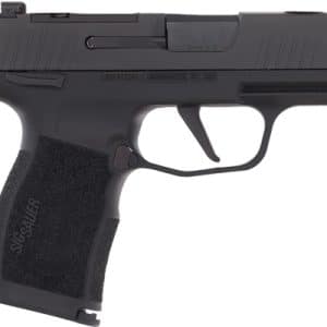 Side view of a black SIG Sauer semi-automatic pistol with a textured grip and visible trigger guard.