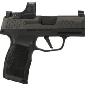 Black semi-automatic pistol with a compact frame, textured grip, and an electronic red-dot sight mounted on the top rail, viewed from the side.