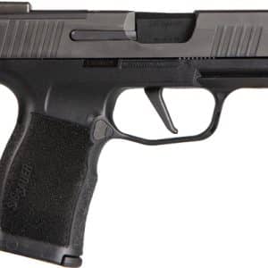 Side view of a black semi-automatic pistol with a textured grip and visible trigger guard.