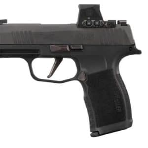 Black semi-automatic pistol with a compact frame and a mounted red-dot sight on top.