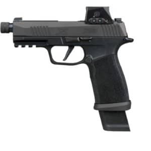 Compact semi-automatic pistol with a red-dot sight on top and an extended magazine.