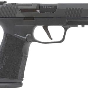 Side view of a black SIG SAUER semi-automatic pistol with a textured grip, serrated slide, and accessory rail on the frame side.