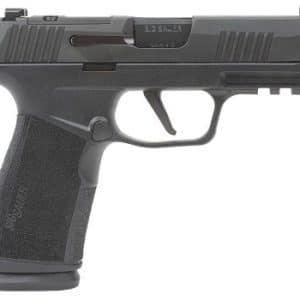 Side view of a black semi-automatic handgun with a textured grip and trigger guard, showing the slide and front accessory rail.