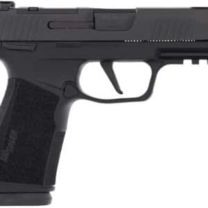 Black semi-automatic pistol with a textured grip and accessory rail, shown in side view.