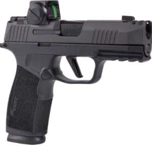 Black semi-automatic pistol with a mounted red-dot sight on top rail and textured grip.