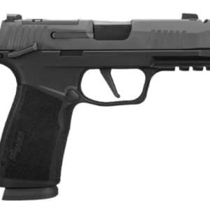 Black compact semi-automatic pistol with textured grip and accessory rail, shown in profile (brand visible on grip).