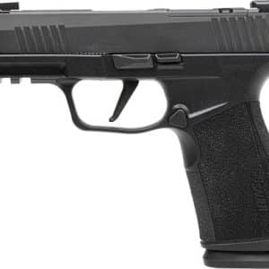 Black semi-automatic handgun shown in side view with a textured grip and streamlined slide.