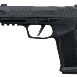 Side view of a compact black semi-automatic pistol with textured grip and accessory rail.