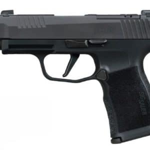 Black semi-automatic handgun shown in profile with a textured grip and visible trigger guard.