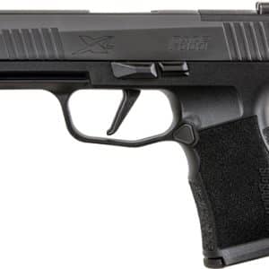 Black compact semi-automatic pistol with textured grip, side view, marked P365.