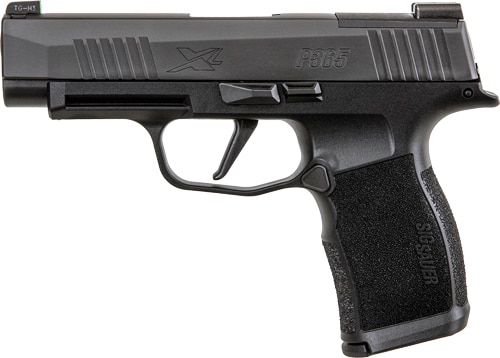 Black compact semi-automatic pistol with textured grip, side view, marked P365.