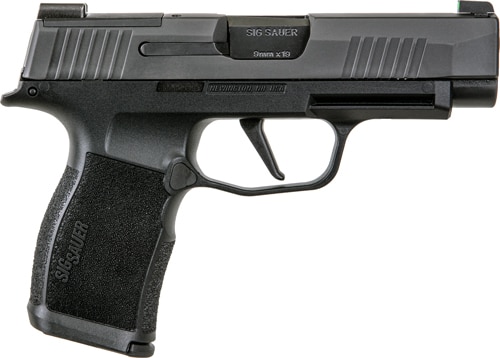 Side view of a black semi-automatic pistol with a textured grip and visible trigger guard.