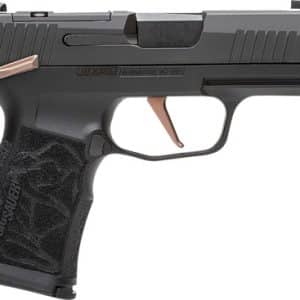 Side view of a black semi-automatic handgun with a textured grip and copper-colored trigger.