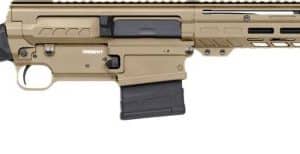Tan modern sporting rifle with adjustable stock, pistol grip, and long rail-guided handguard lying horizontally.
