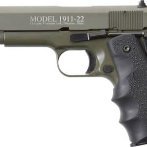 Side view of a green and black semi-automatic handgun labeled MODEL 1911-22 on the slide, shown in profile with textured grip