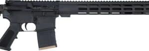 Black semi-automatic rifle in profile with adjustable stock and long handguard.