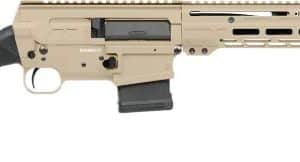 Tan modular assault rifle with collapsible stock, pistol grip, and long quad-rail handguard.