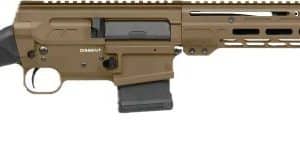 Tan and black semi-automatic rifle with an adjustable stock and long quad-rail handguard.