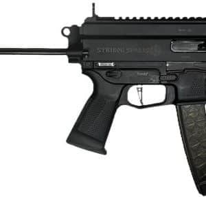 Black compact rifle with a folding stock extended to the left, pistol grip, and curved magazine.
