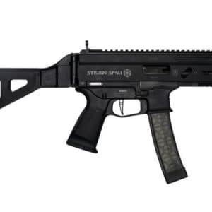 Side view of a black semi-automatic rifle with adjustable stock, PIC rail, and textured pistol grip with a curved magazine