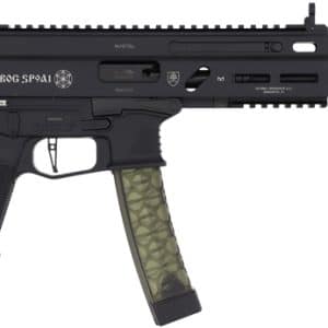 Black assault rifle with a quad-rail handguard, vertical grip, and a camouflage-pattern curved magazine on the side profile.