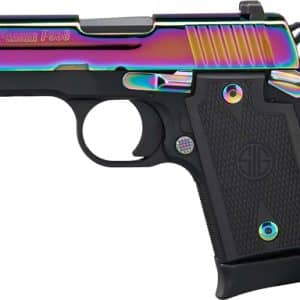 Rainbow-colored SIG Sauer P238 semi-automatic pistol with black textured grip, shown in side view.