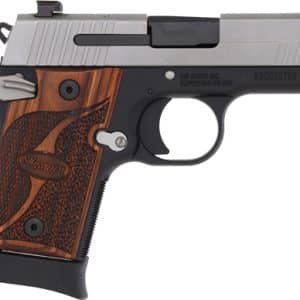 Side view of a semi-automatic pistol with a metal silver slide and dark frame, featuring a brown checkered wooden grip.