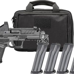 Airsoft pistol with a tactical rail and sight on a black gear bag, with five magazines laid out in front.