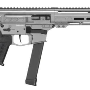 Semi-automatic pistol with a metallic upper receiver and black grip, featuring a downward-curving magazine, shown in side view.