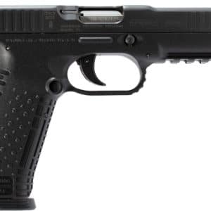 Side view of a black semi-automatic pistol with textured grip and front accessory rail/