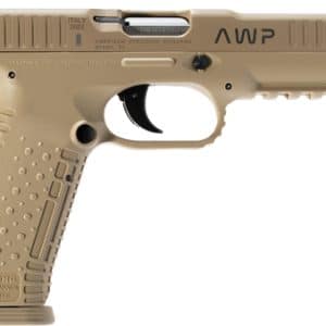 Side view of a tan semi-automatic pistol with a textured grip and Picatinny rail on the frame.