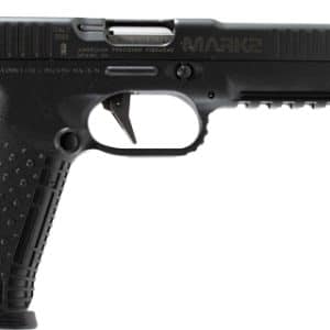 Side view of a black semi-automatic pistol with a textured grip and accessory rail on a white background