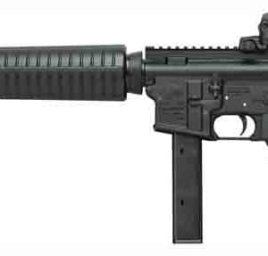 Black AR-style rifle with a detachable magazine and collapsible stock on a white background.